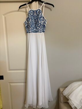Xscape White Dress with Blue Embroidered Sequin Bodice